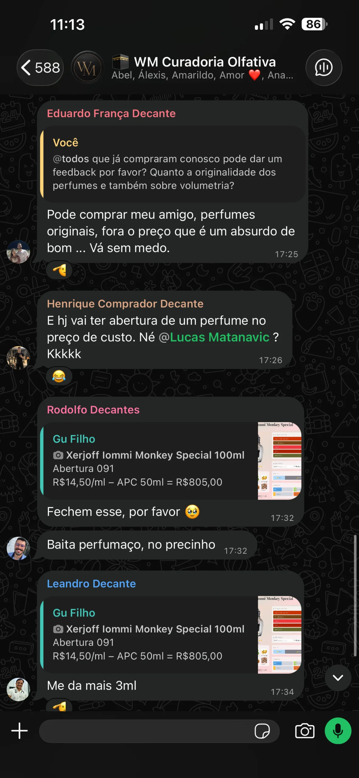 Print do grupo da WM Curadoria Olfativa com clientes recomendando a originalidade dos perfumes