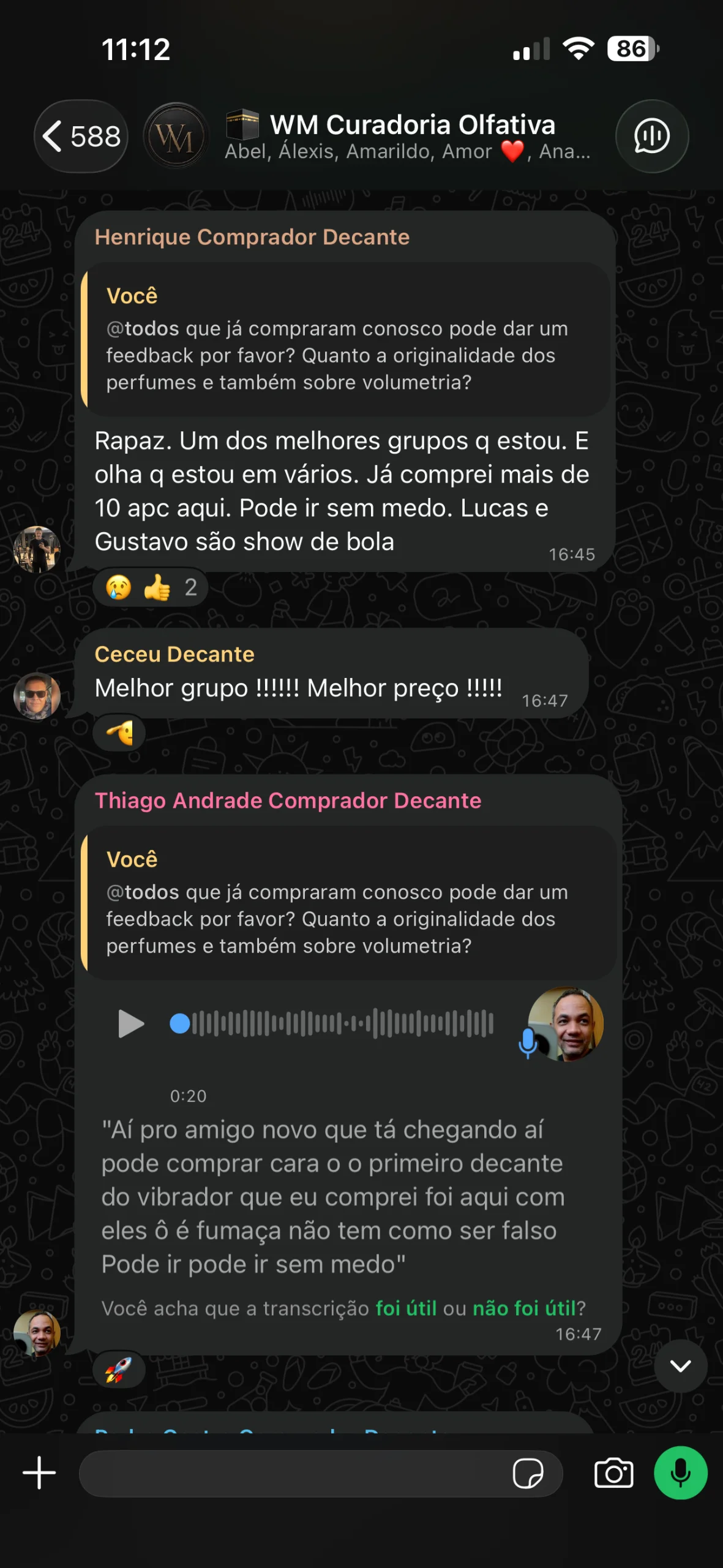 Print do grupo da WM Curadoria Olfativa com clientes dando feedback sobre preço e confiança